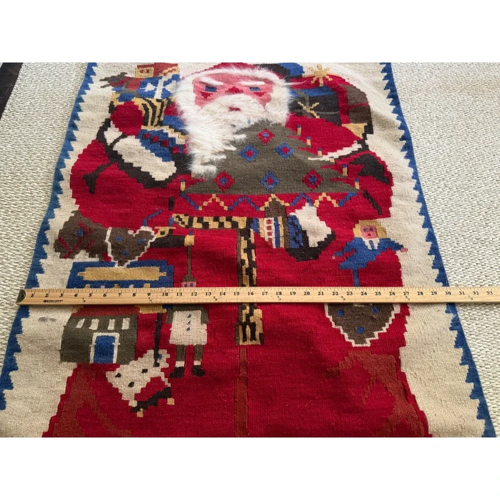Vintage Handwoven Wool Santa Claus Tapestry Wall 30x50 Folk Art Christmas Rug